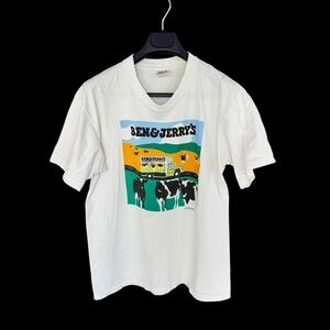 Vintage Ben & Jerrys T Shirt Large White Cow Anvil 90s USA
